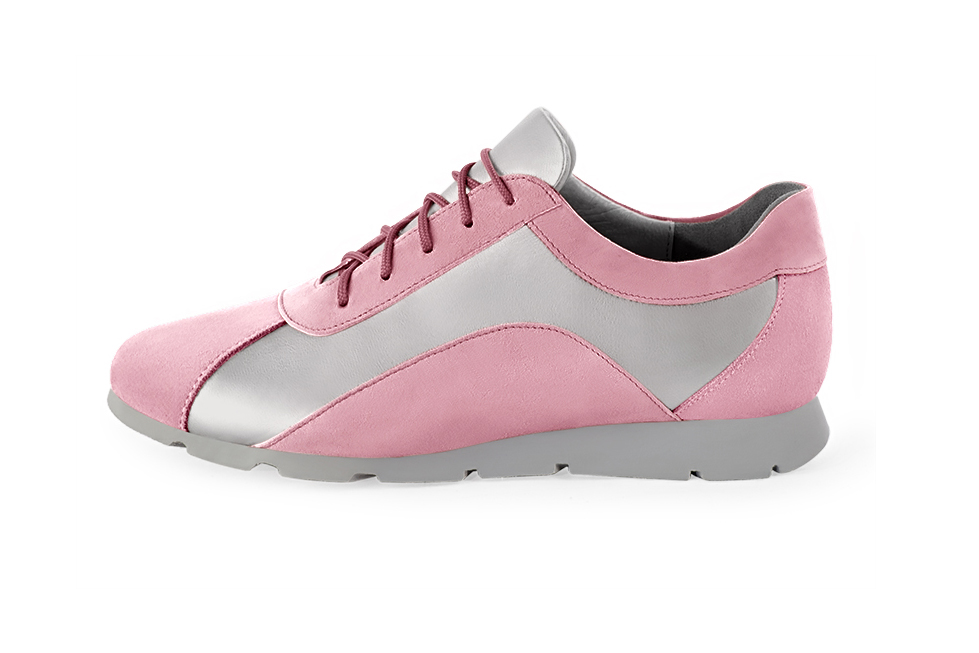 Carnation pink and light silver women's two-tone elegant sneakers. Round toe. Flat rubber soles. Profile view - Florence KOOIJMAN